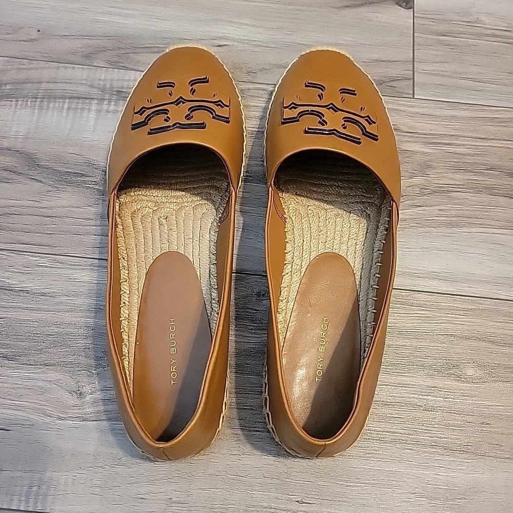 Tory Burch Ines Espadrilles Leather Platform Womens 12 Tan Double T Slip On - Picture 4 of 10